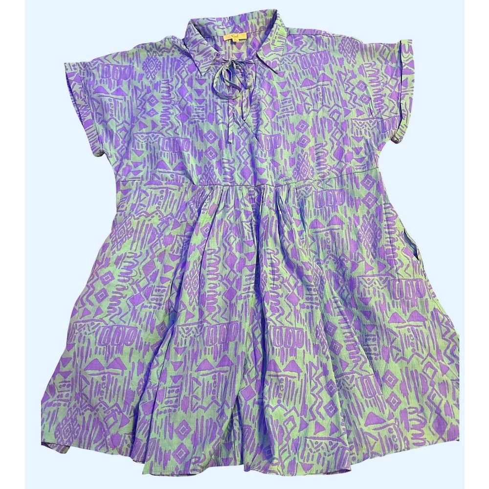 Easel Women Blue Purple Geo Print Button Front Mini Dress,‎ Size L